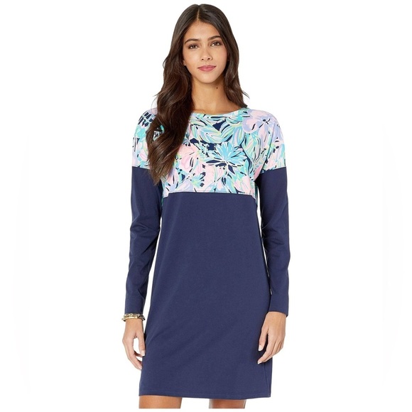 Lilly Pulitzer Finn Long Sleeve Cotton T-Shirt Dress Navy Bermudaful Women’s XS - Picture 2 of 11